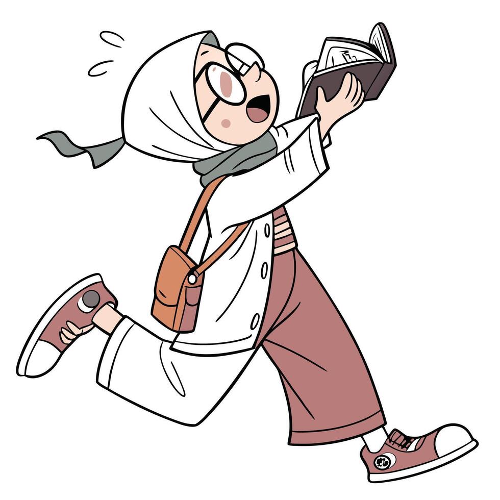 a cartoon woman wearing glasses and a hijab is running vector