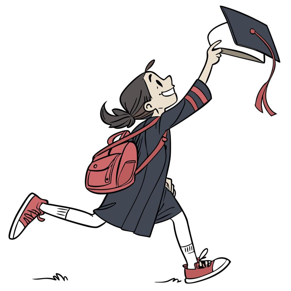 a cartoon girl in a graduation gown is running with her backpack vector