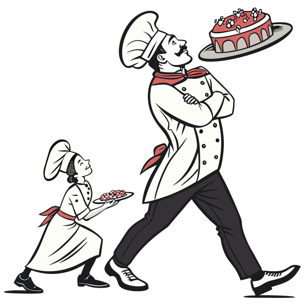 a cartoon chef carrying a plate with a cake vector