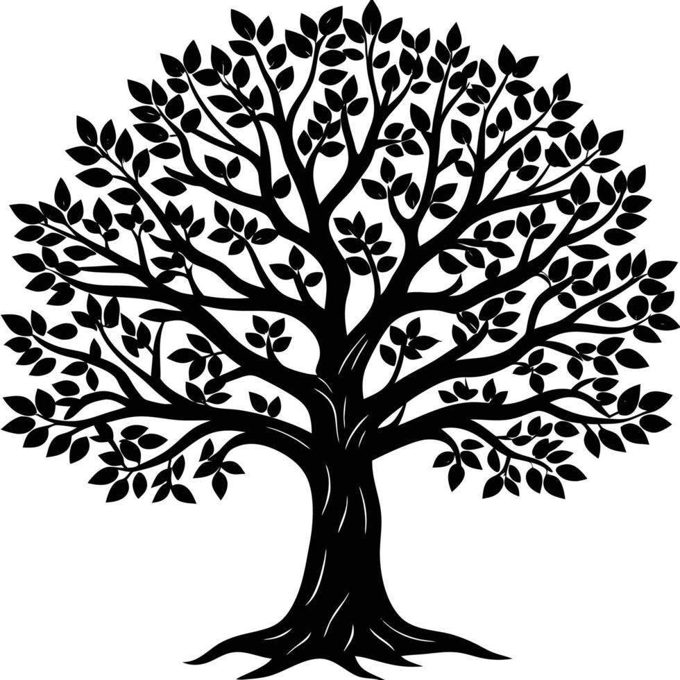 a black and white silhouette of a tree with leaves vector