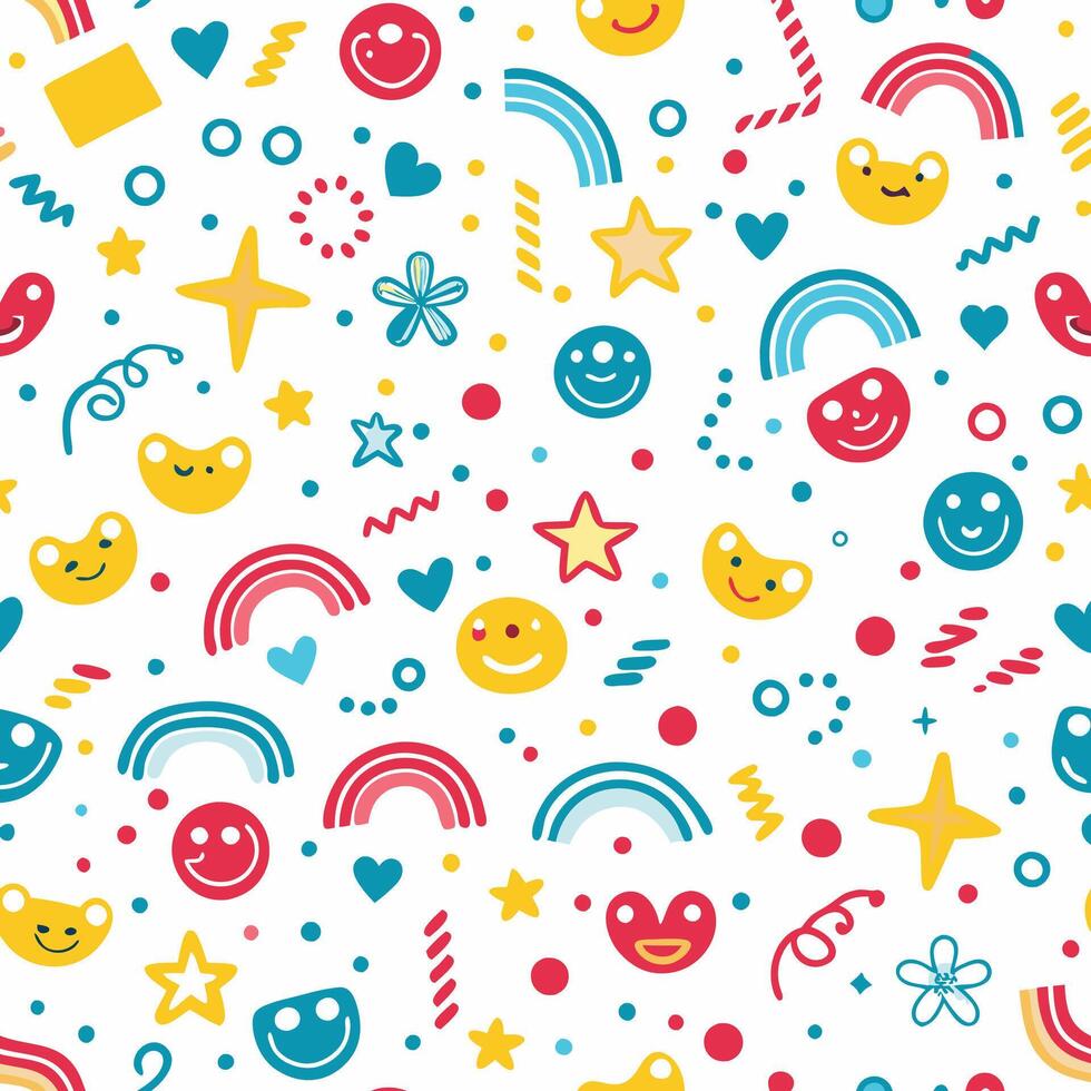 smiley face pattern with rainbow, stars and hearts vector