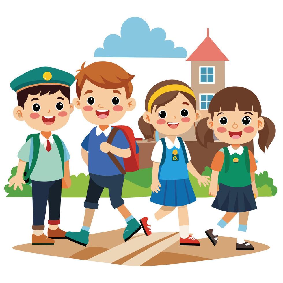 school children walking to school illustration vector
