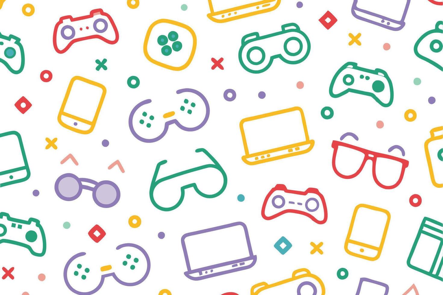 a colorful pattern of game controllers and other items vector