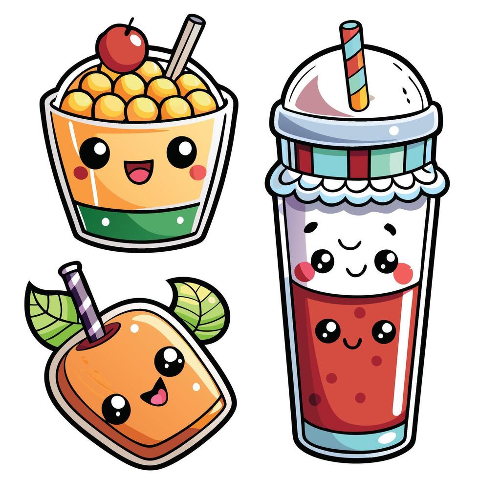 cute kawaii fruit smoothie, juice, and ice cream vector