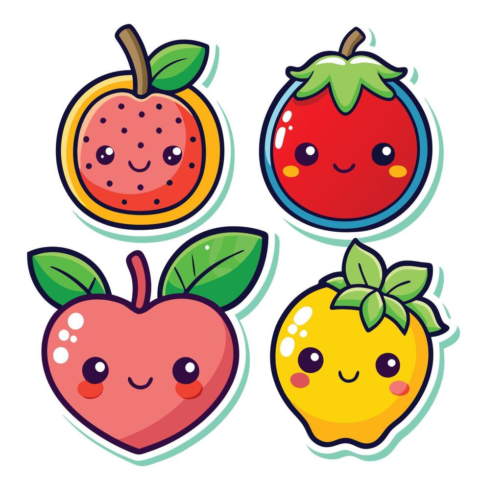 fruit stickers set with cute fruit characters vector