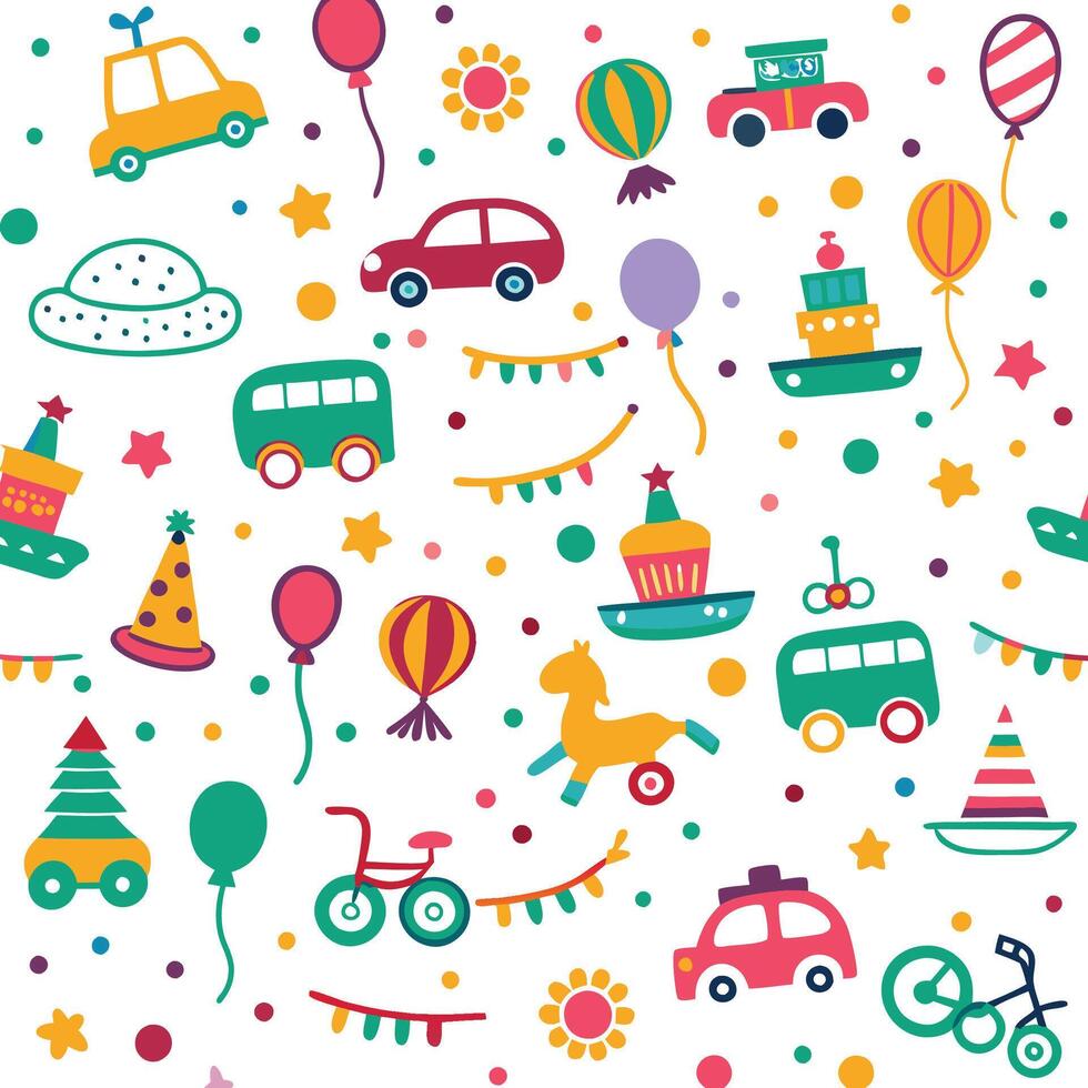 seamless pattern with colorful toys and vehicles vector