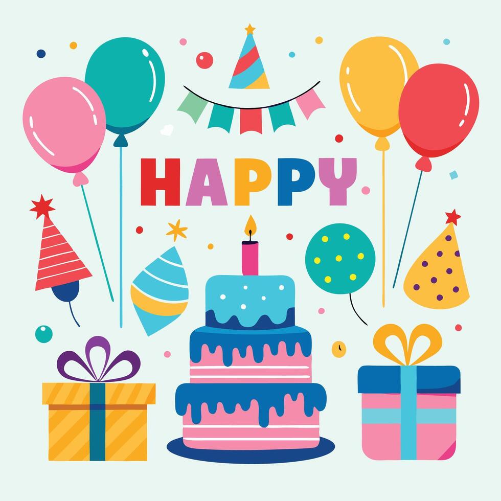 happy birthday card with cake, balloons and gifts vector
