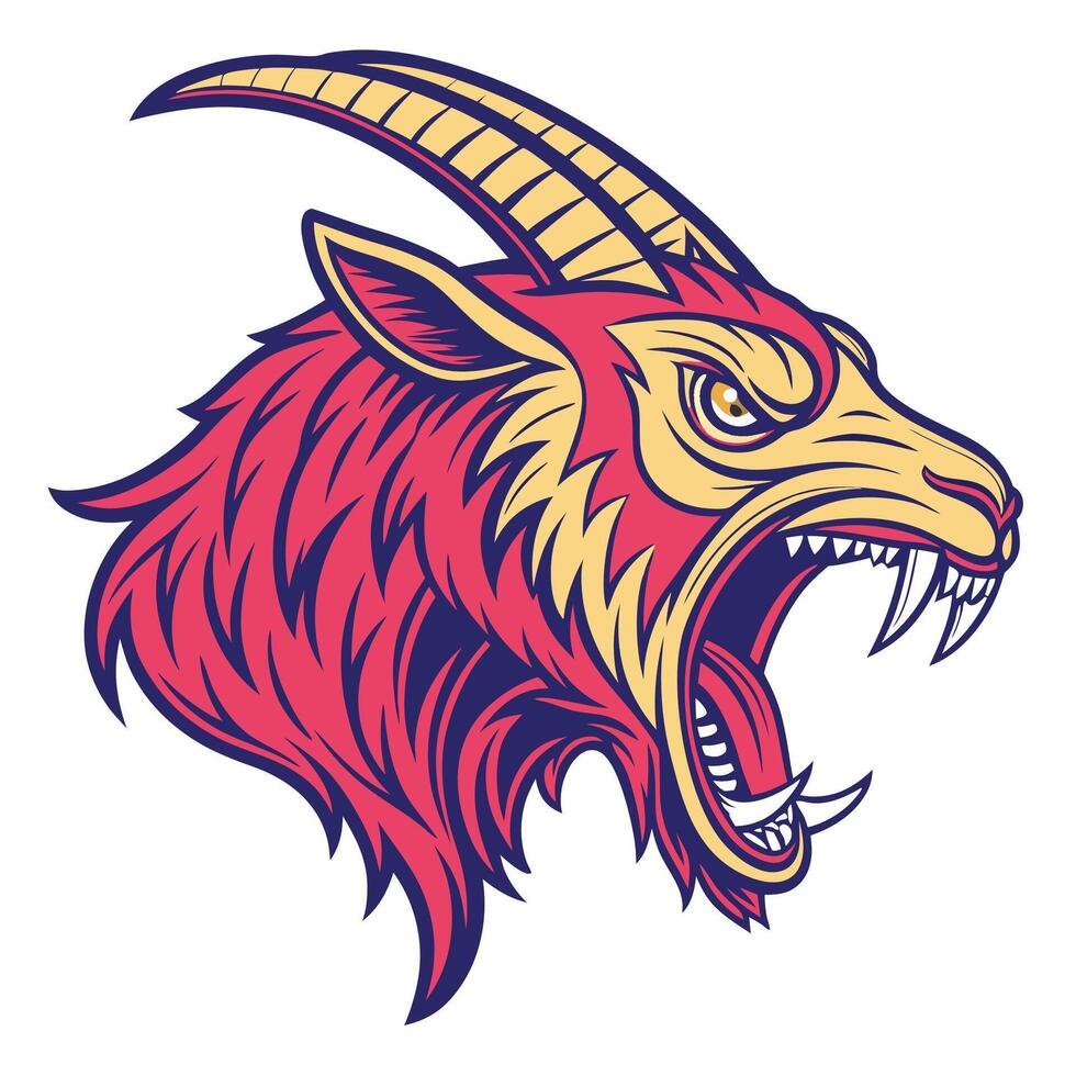 an angry goat head with large fangs vector