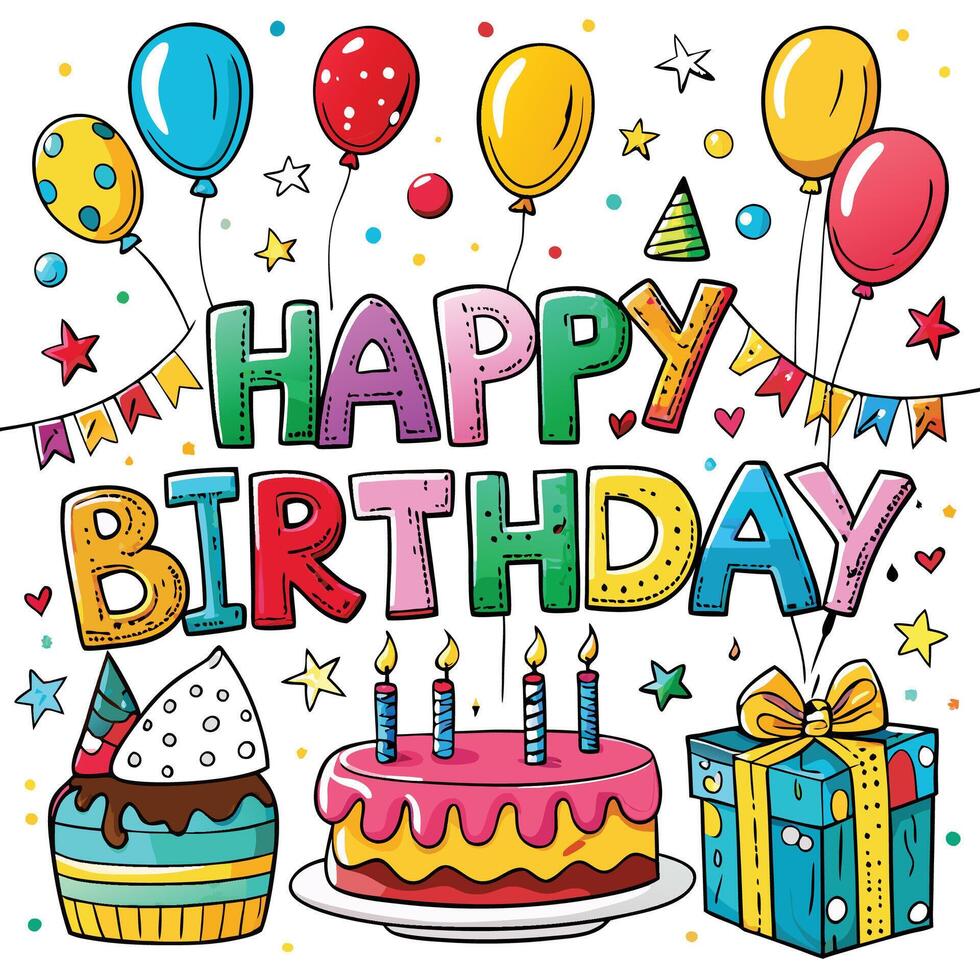 happy birthday card with cake and balloons vector
