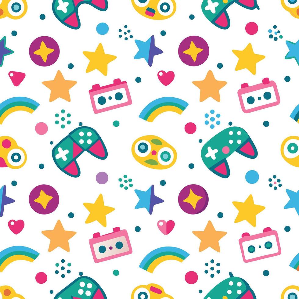 seamless pattern with colorful game controllers and other items vector