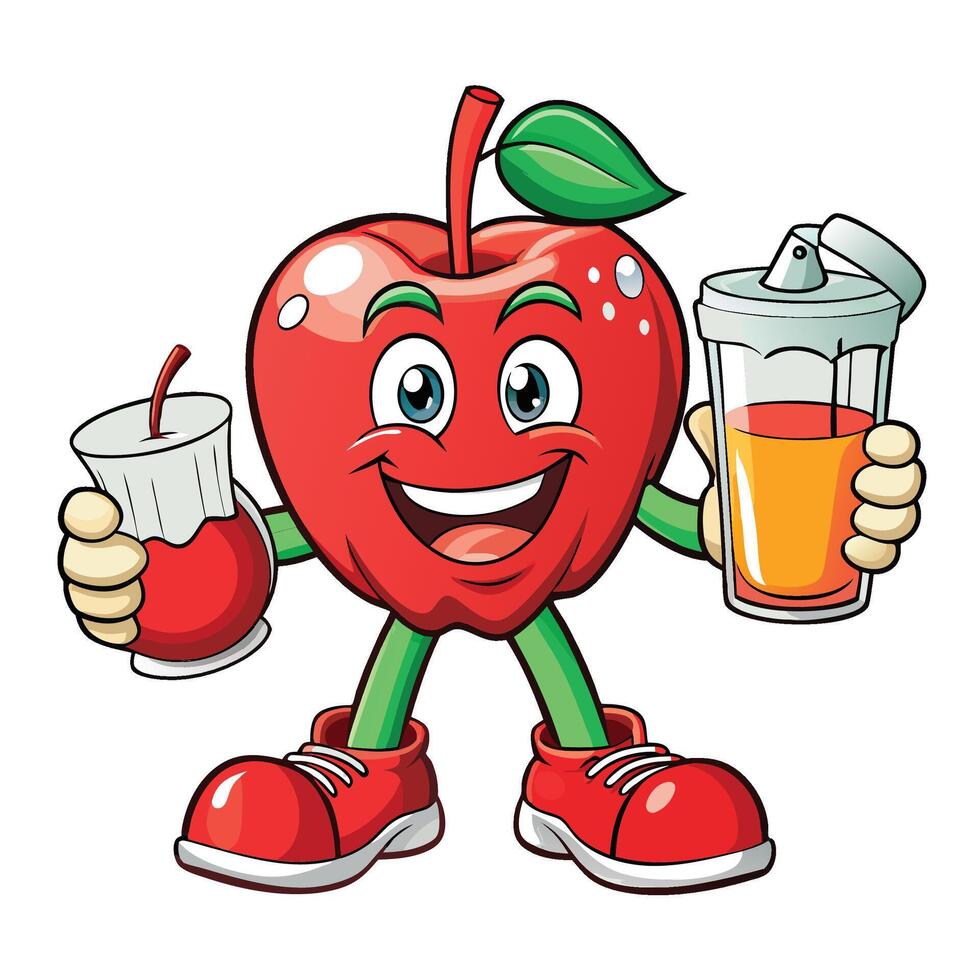 apple cartoon character holding a glass of juice and a juice vector