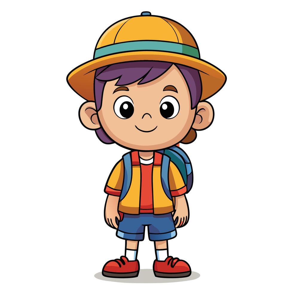 cartoon boy wearing hat and backpack vector
