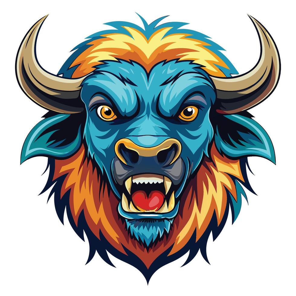 an angry buffalo head with big horns vector