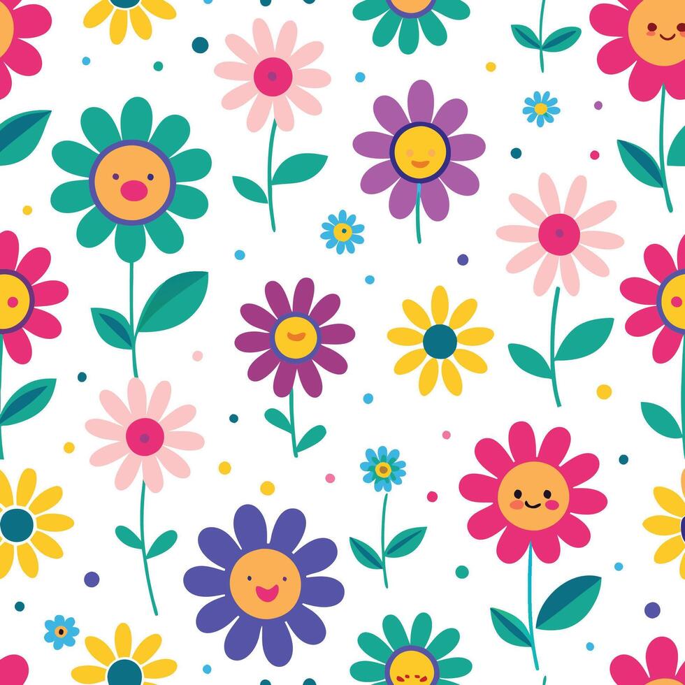 seamless pattern with flowers and smiling faces vector