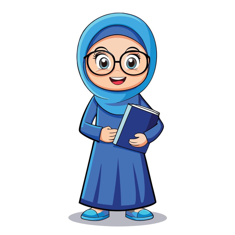 muslim girl in hijab holding a book vector