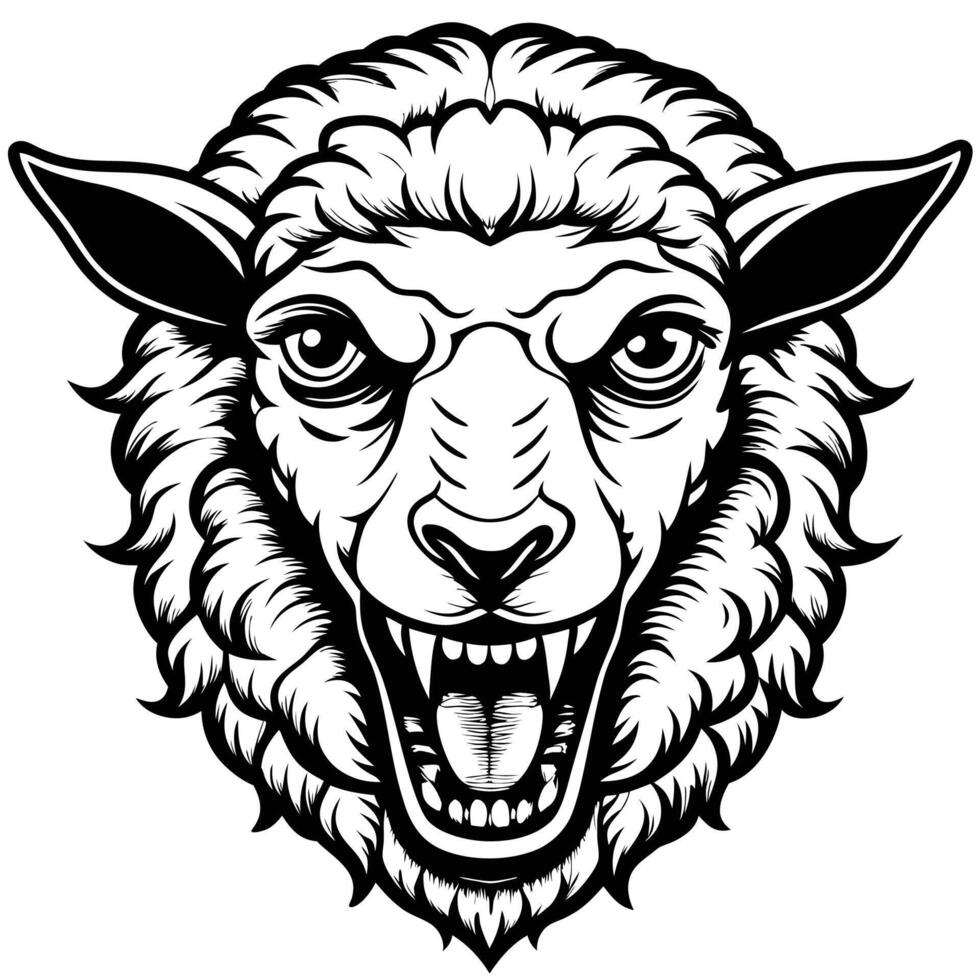 a black and white illustration of a sheep head with its mouth open vector