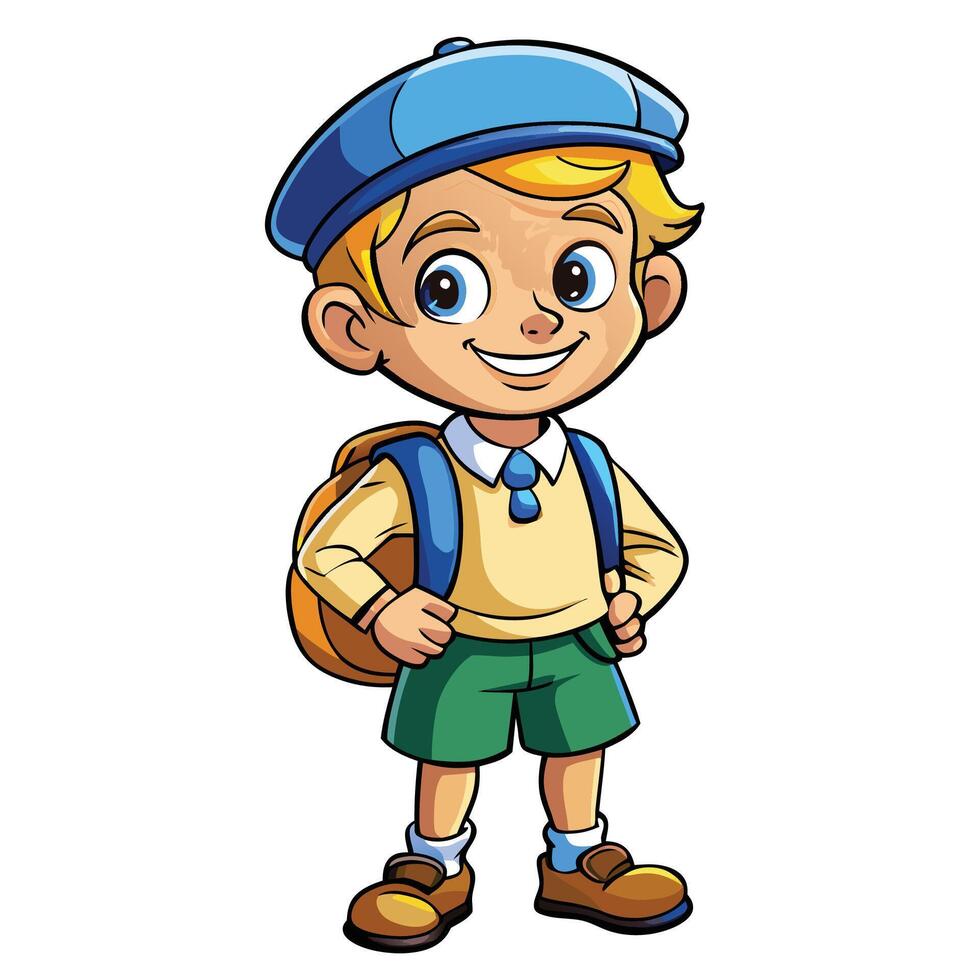 cartoon boy with backpack and school uniform vector