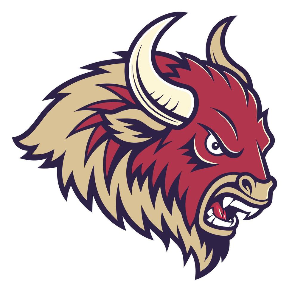 an angry buffalo head with horns and a red color vector