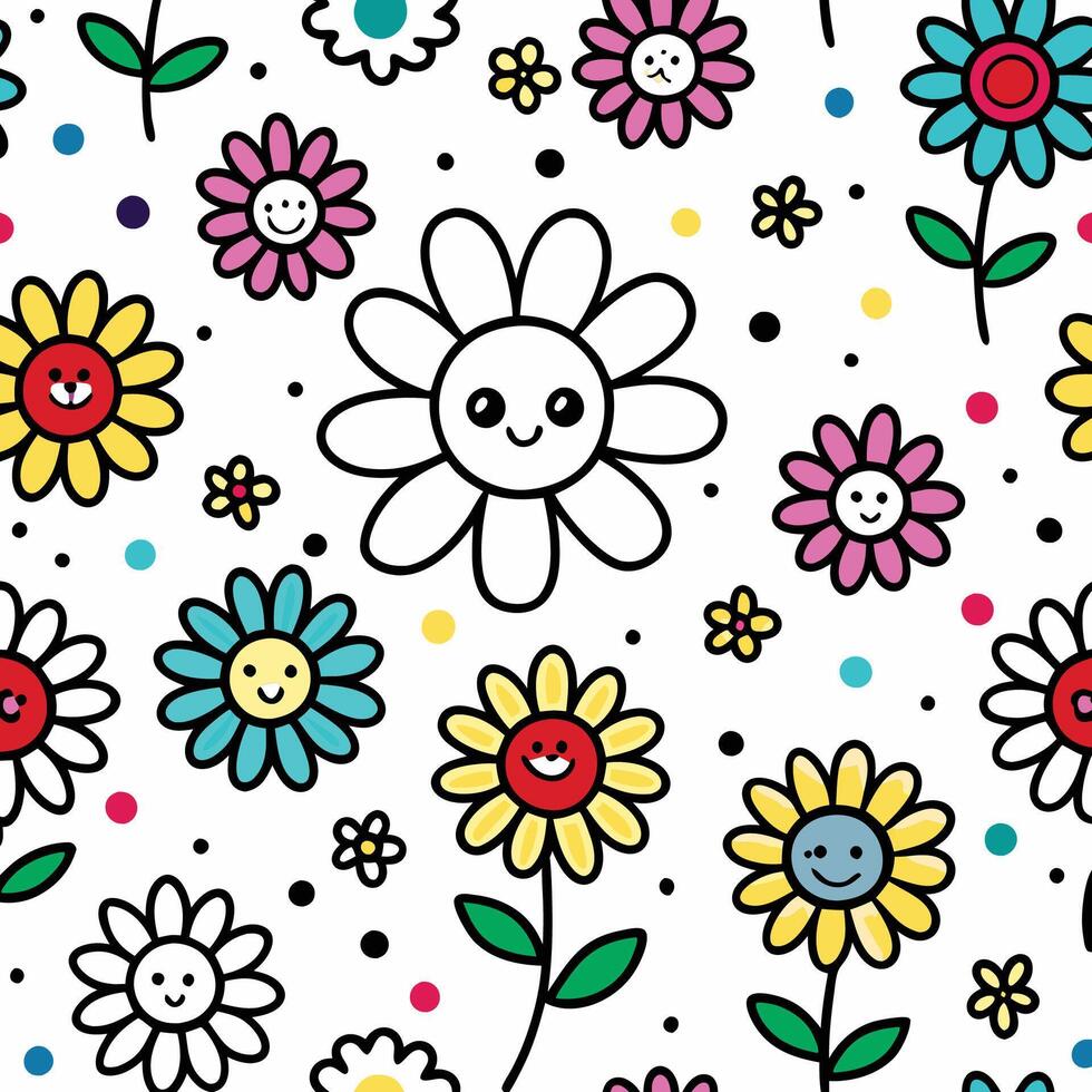 a colorful flower pattern with smiling faces vector