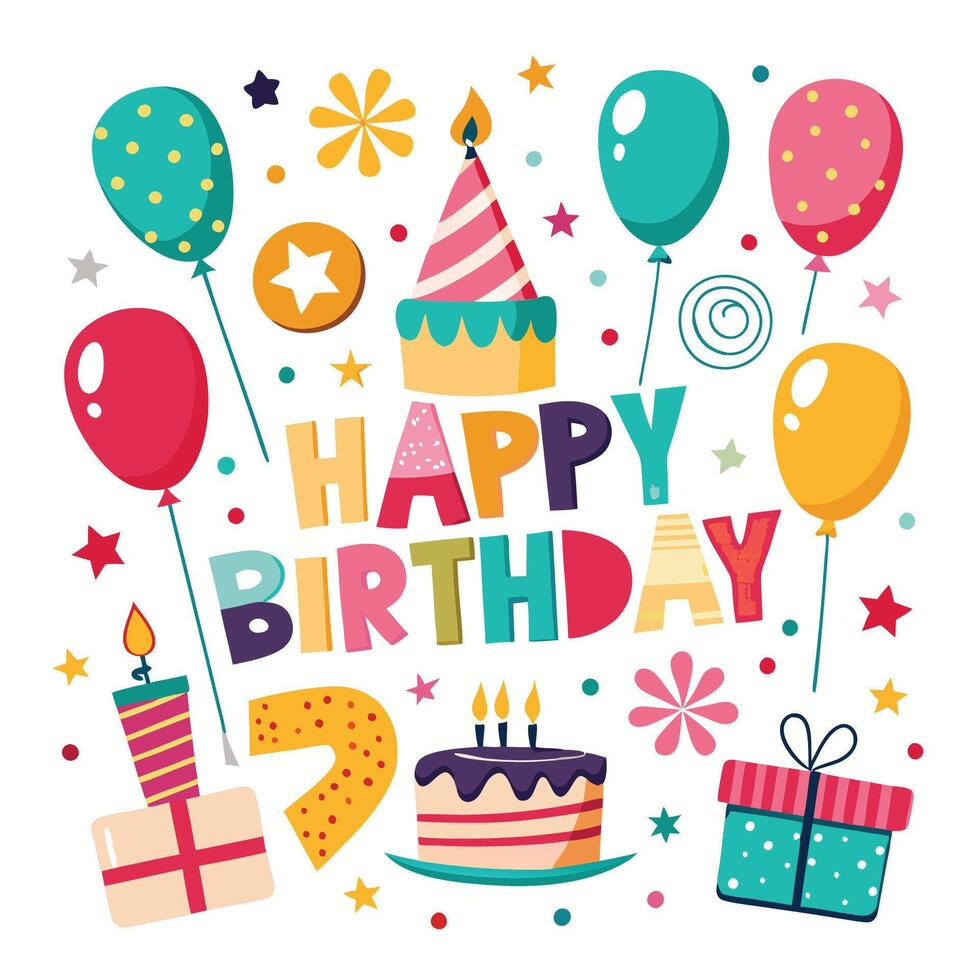 happy birthday card with colorful balloons and cake vector