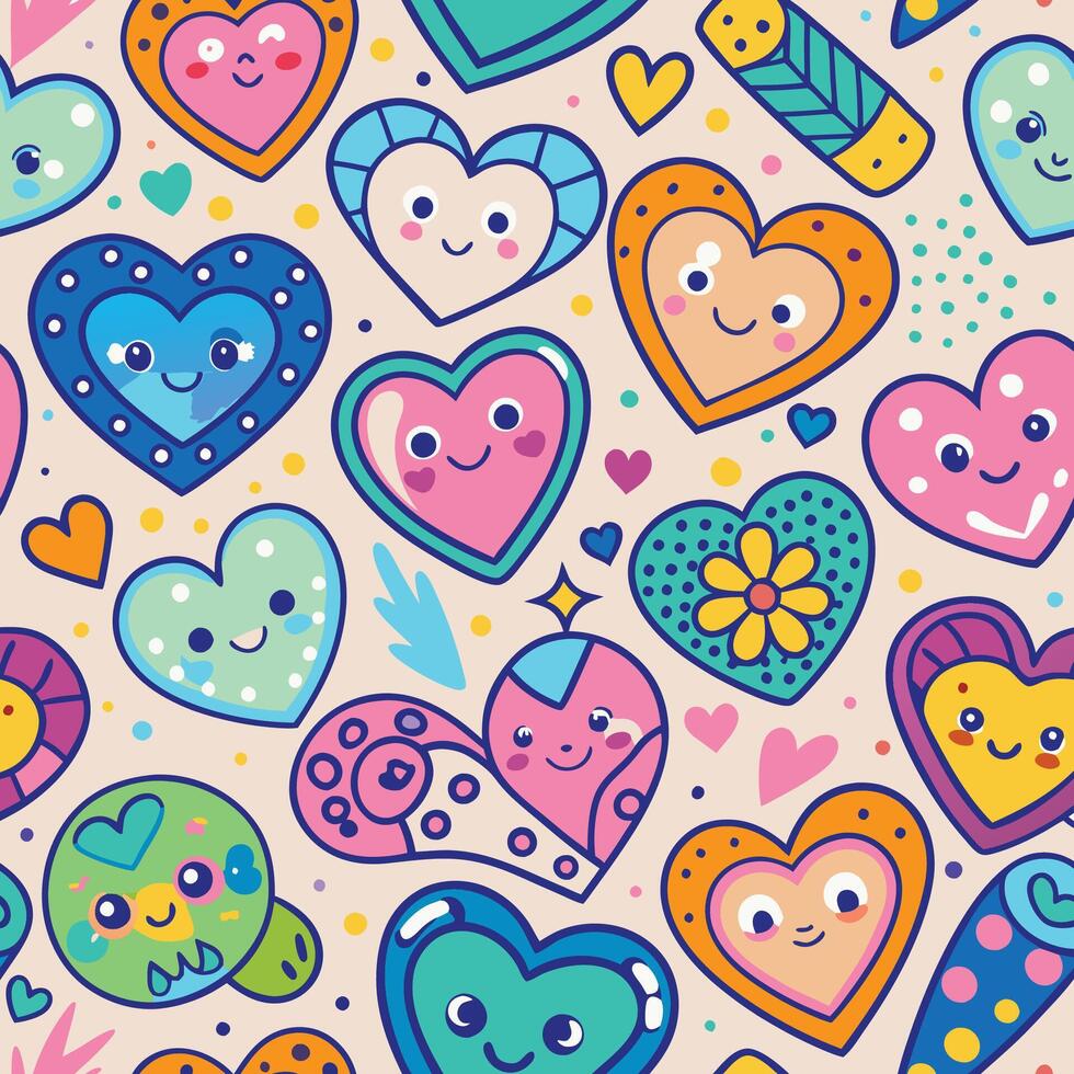 seamless pattern with cute cartoon hearts vector