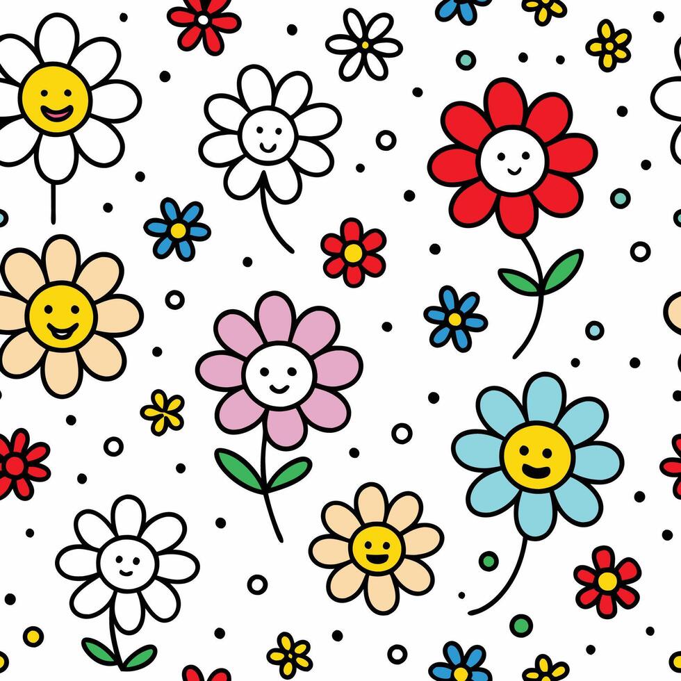 smiley face flowers seamless pattern illustration vector