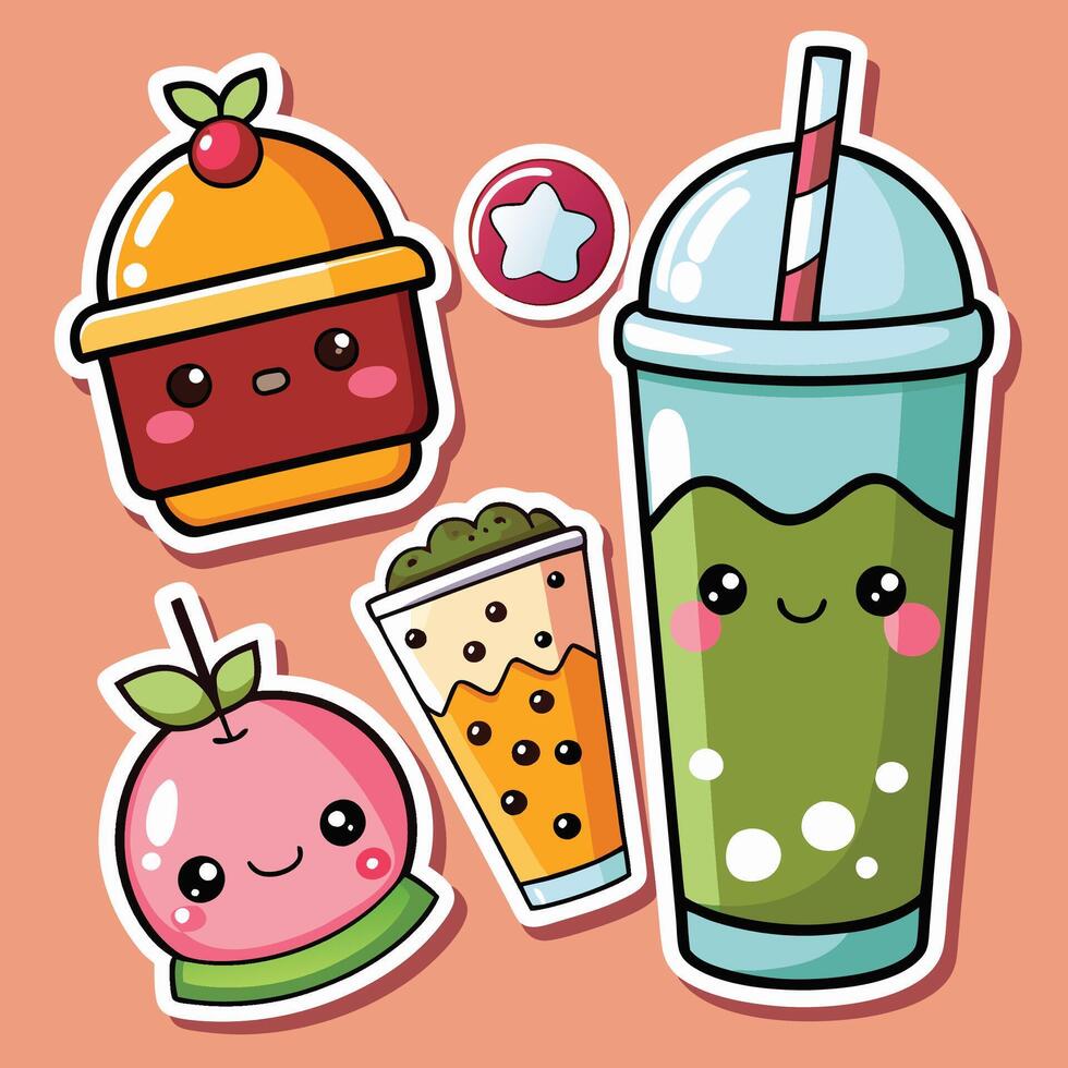 cute kawaii drink stickers set with different drinks vector