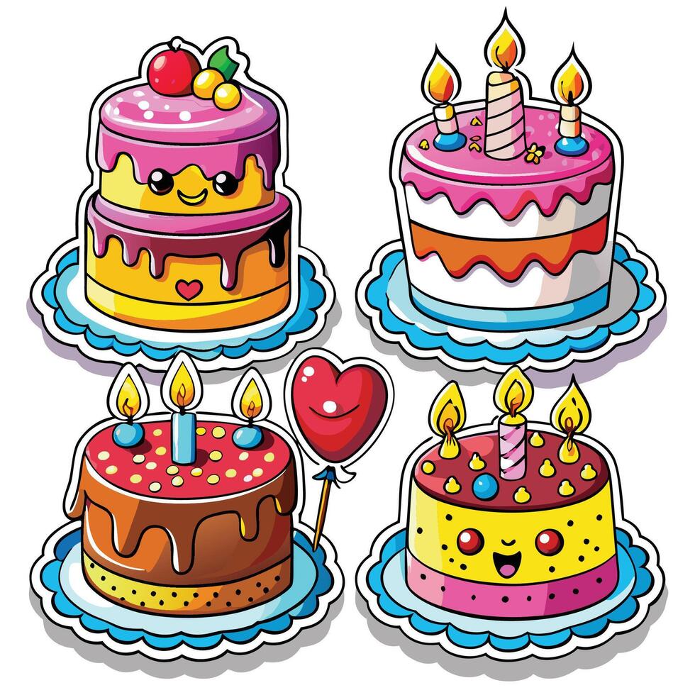 cute birthday cake stickers illustration vector