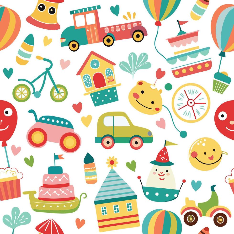a colorful pattern with various objects and toys vector