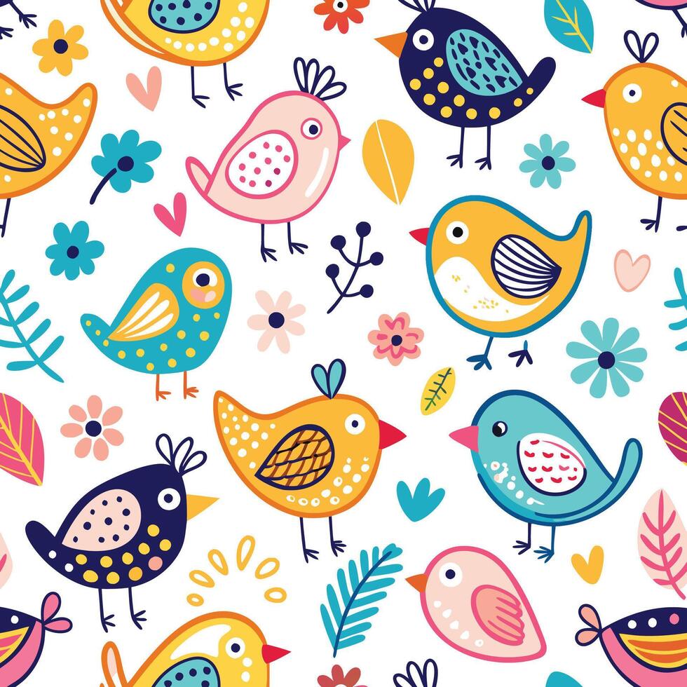 seamless pattern with colorful birds and flowers vector