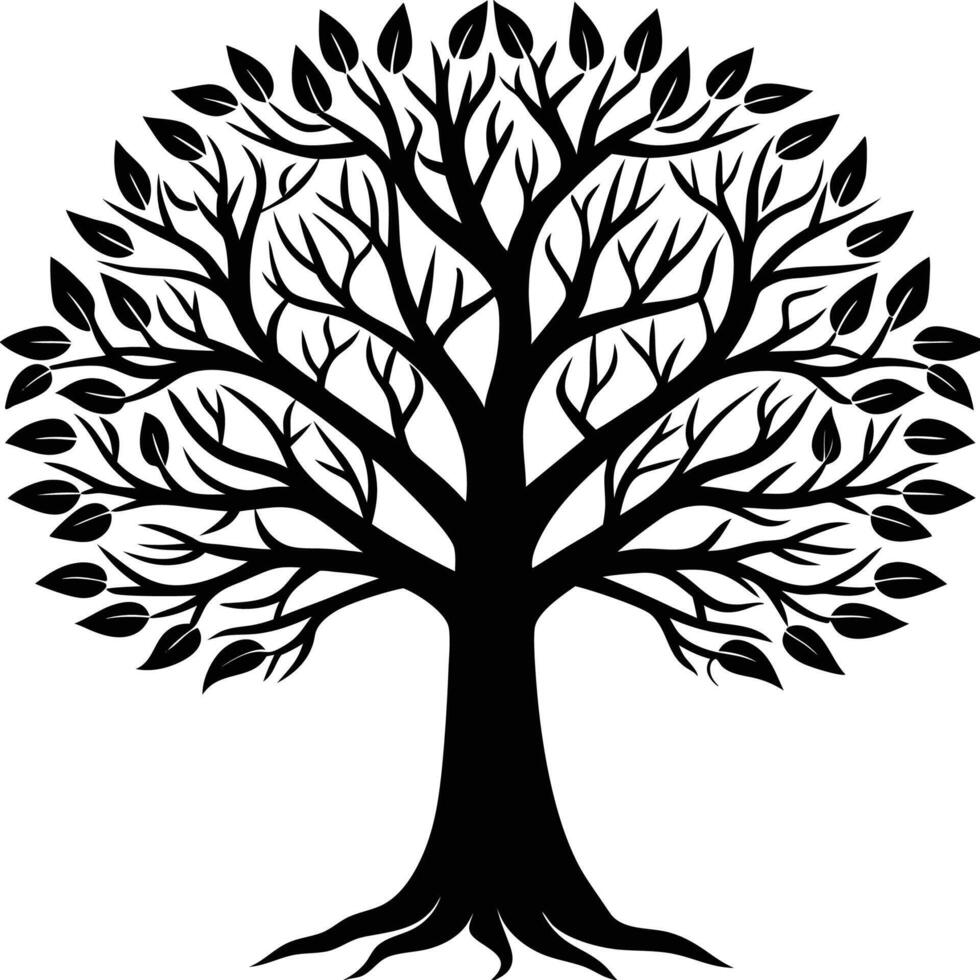 a black and white tree with leaves vector