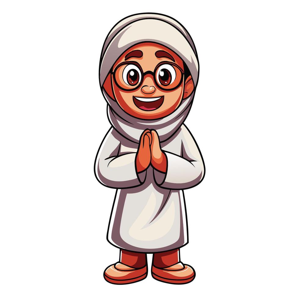 muslim boy in white robe and glasses vector