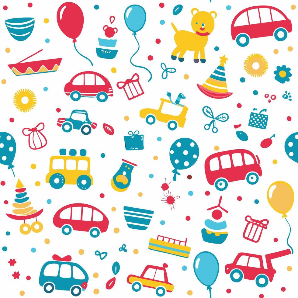 a colorful pattern with cars, balloons and other items vector