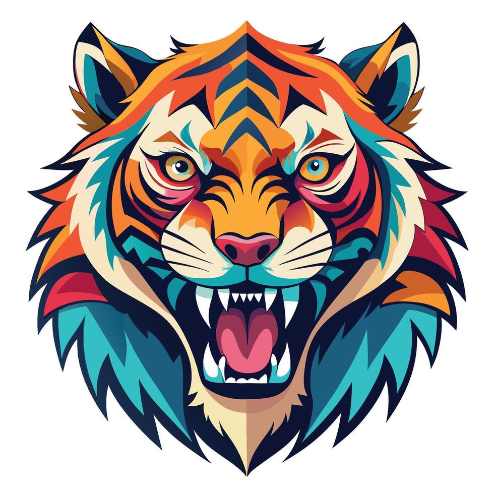 colorful tiger head with open mouth on white background vector