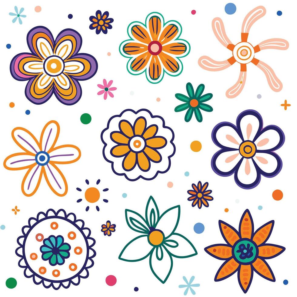 colorful flowers and doodles on a white background vector