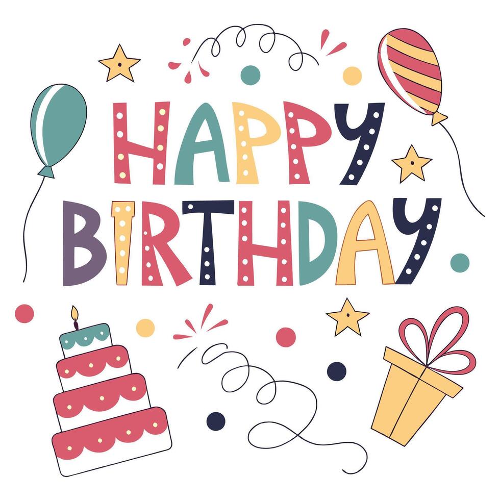 happy birthday card with colorful objects vector