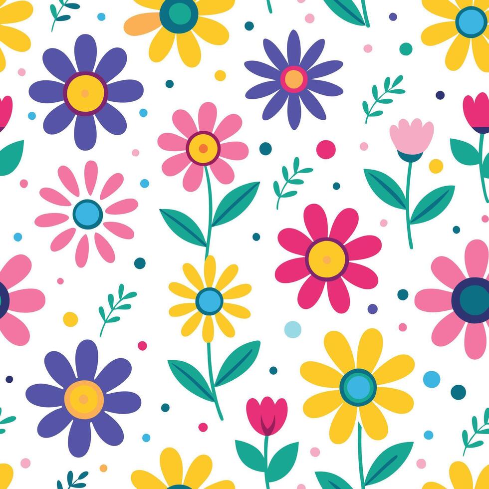 seamless pattern with colorful flowers and leaves vector