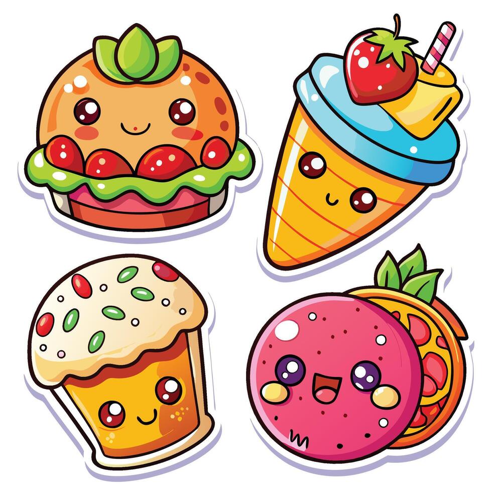 cute food stickers set with hamburger, pizza, ice cream and cake vector
