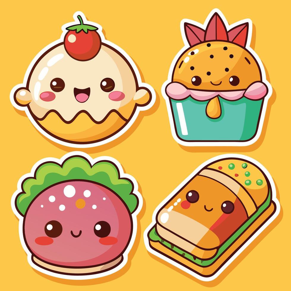 cute food stickers set, illustration vector