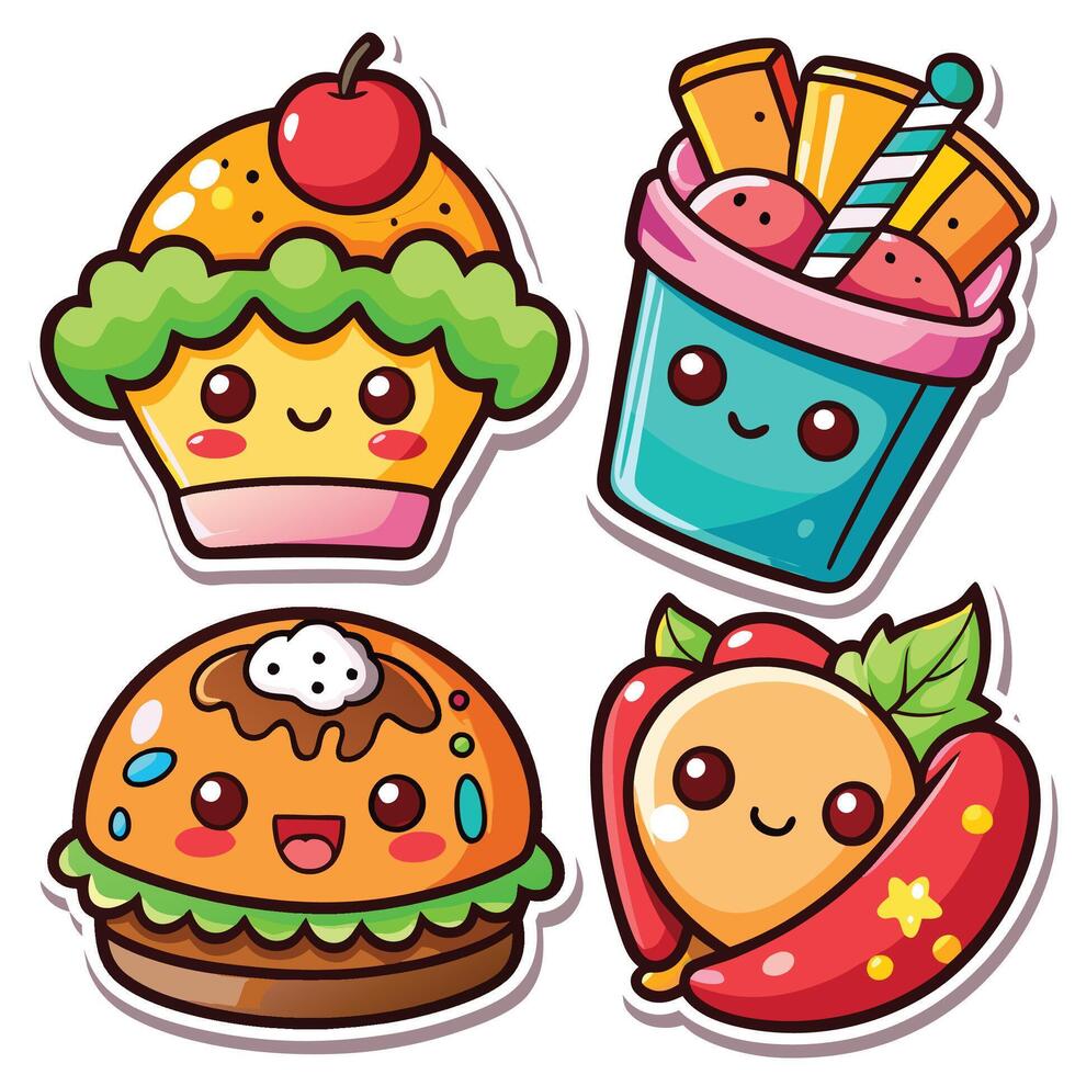 cute hamburger, hot dog, ice cream and soda stickers vector