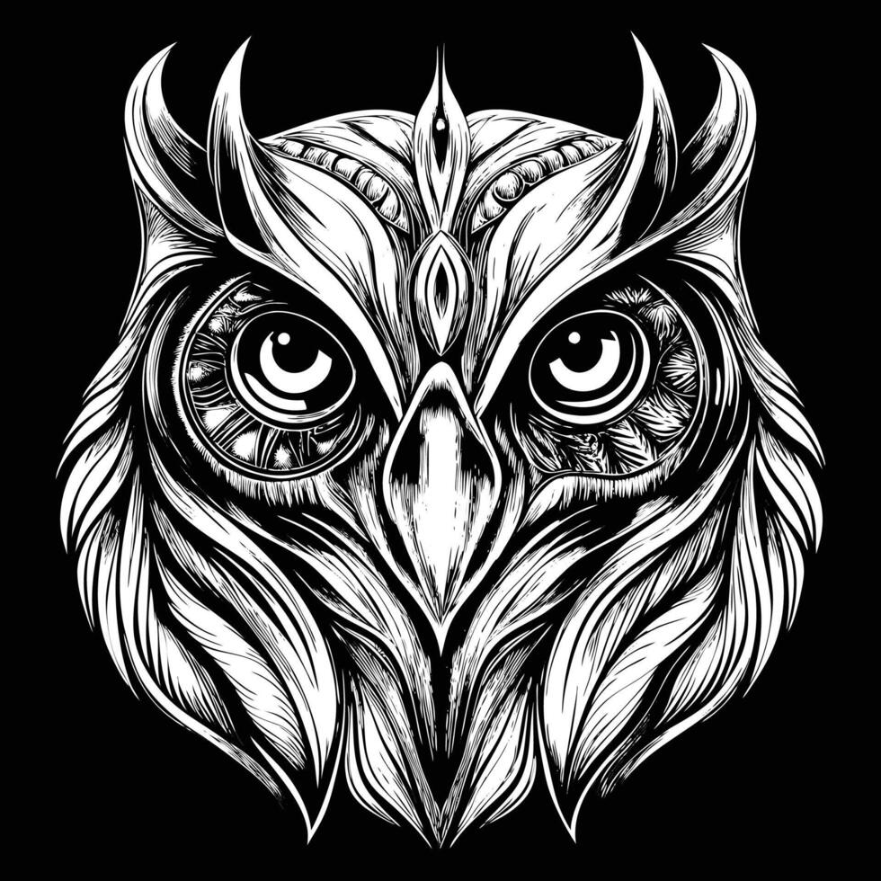 an owl head with long horns on a black background vector