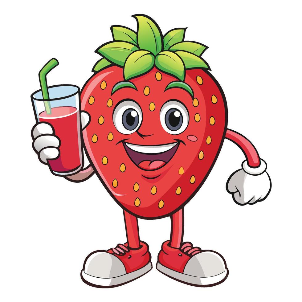 strawberry cartoon character holding a glass of juice vector