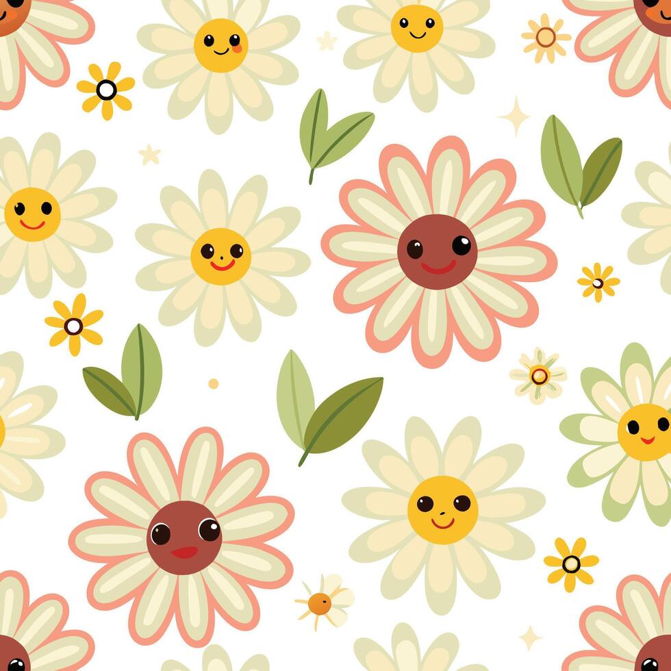 a pattern with flowers and smiling faces vector