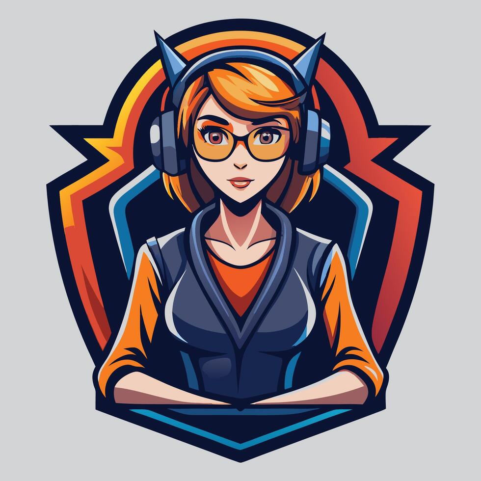 a girl wearing headphones and glasses in the center of a shield vector