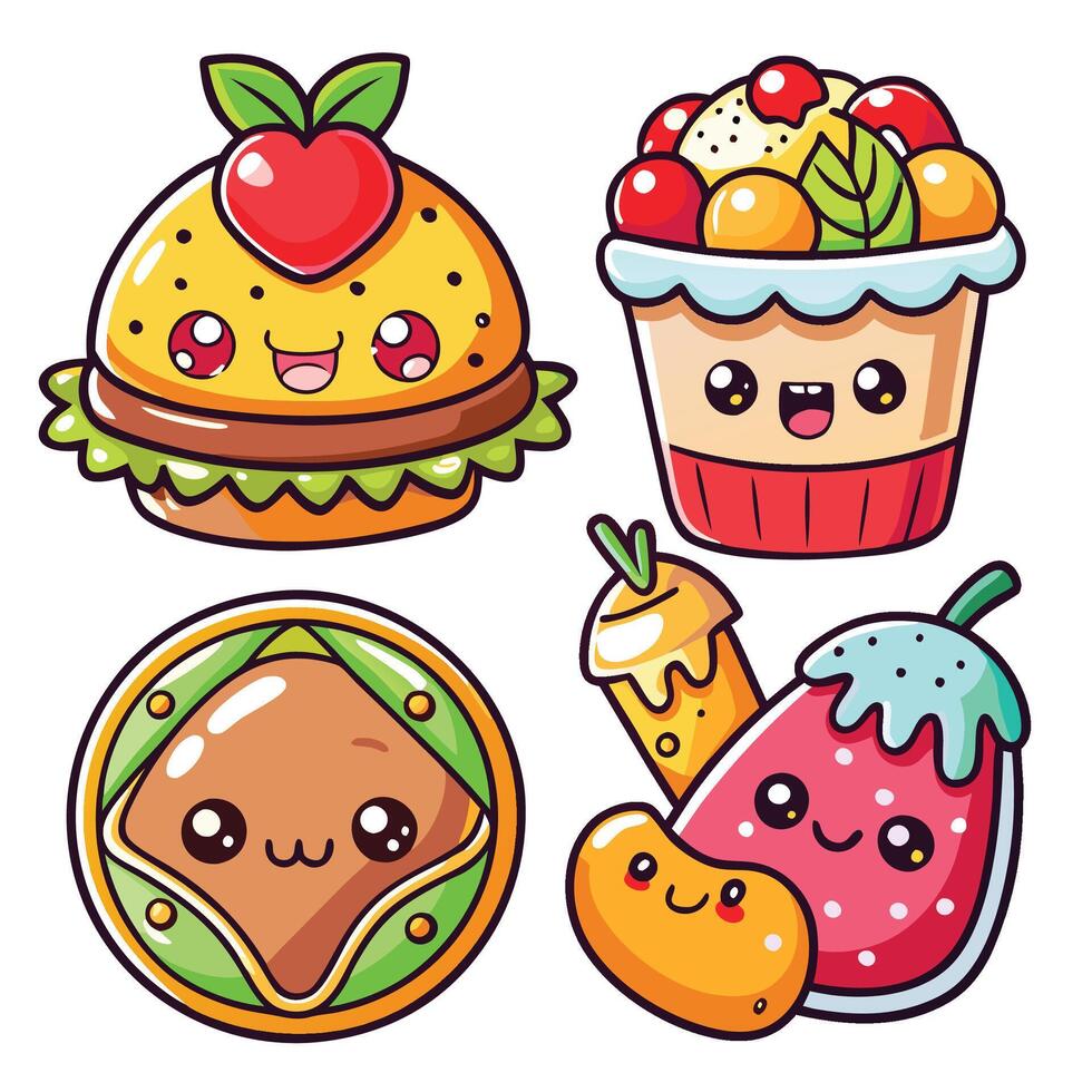 cute hamburger, burger, fruit, and vegetable icons set vector