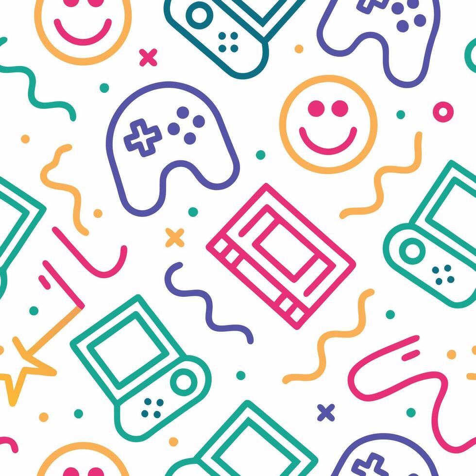 seamless pattern with colorful game controllers and other items vector