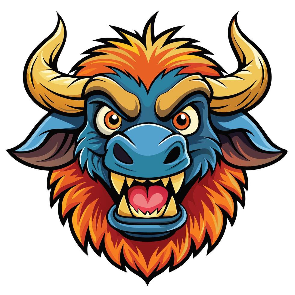 an angry buffalo head with big horns vector