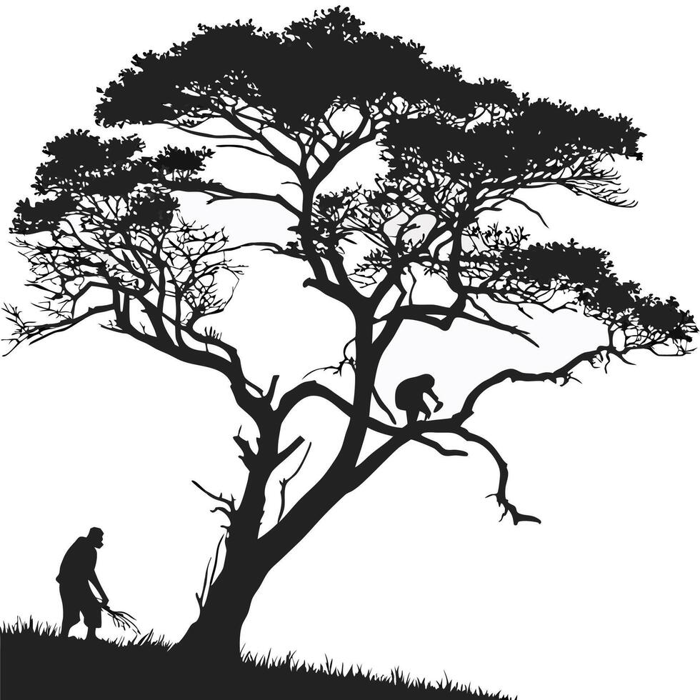 silhouette of a man and a monkey in the tree vector