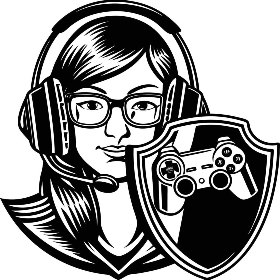 a girl with a headset and controller in front of a shield vector