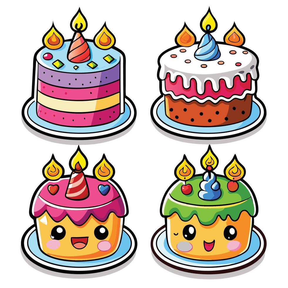four different birthday cakes with candles on them vector